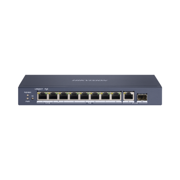 Switch PoE+ / No Administrable / 7 Puertos 1000 Mbps 802.3 af/at (30 W) / 2 Puertos 1000 Mbps Hi-PoE (90 W) / 1 Puertos 1000 Mbps Uplink / 1 Puerto SFP / Modo Extendido hasta 300 Metros / 110 Watts