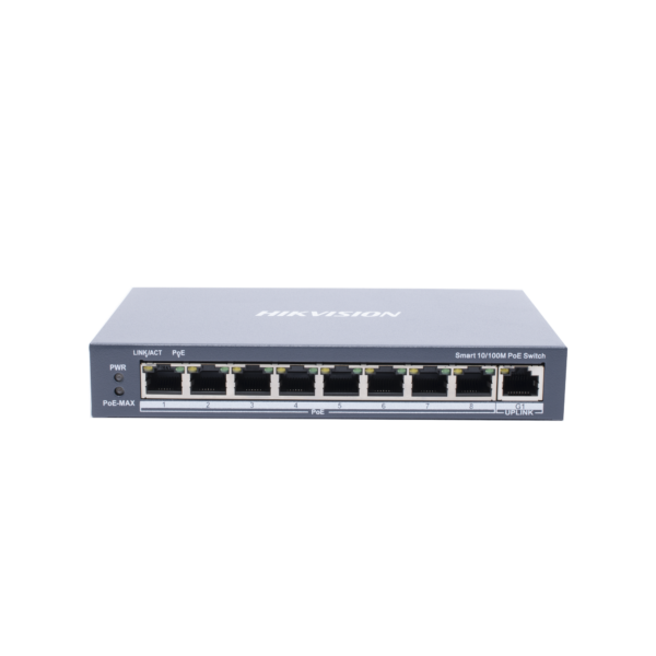 Switch PoE+ / Monitoreable / 8 Puertos 10/100 Mbps PoE+ / 1 Puerto 1000 Mbps de Uplink / Configuración Nube Hik-PartnerPro / Modo Extendido hasta 300 Metros / 110 W