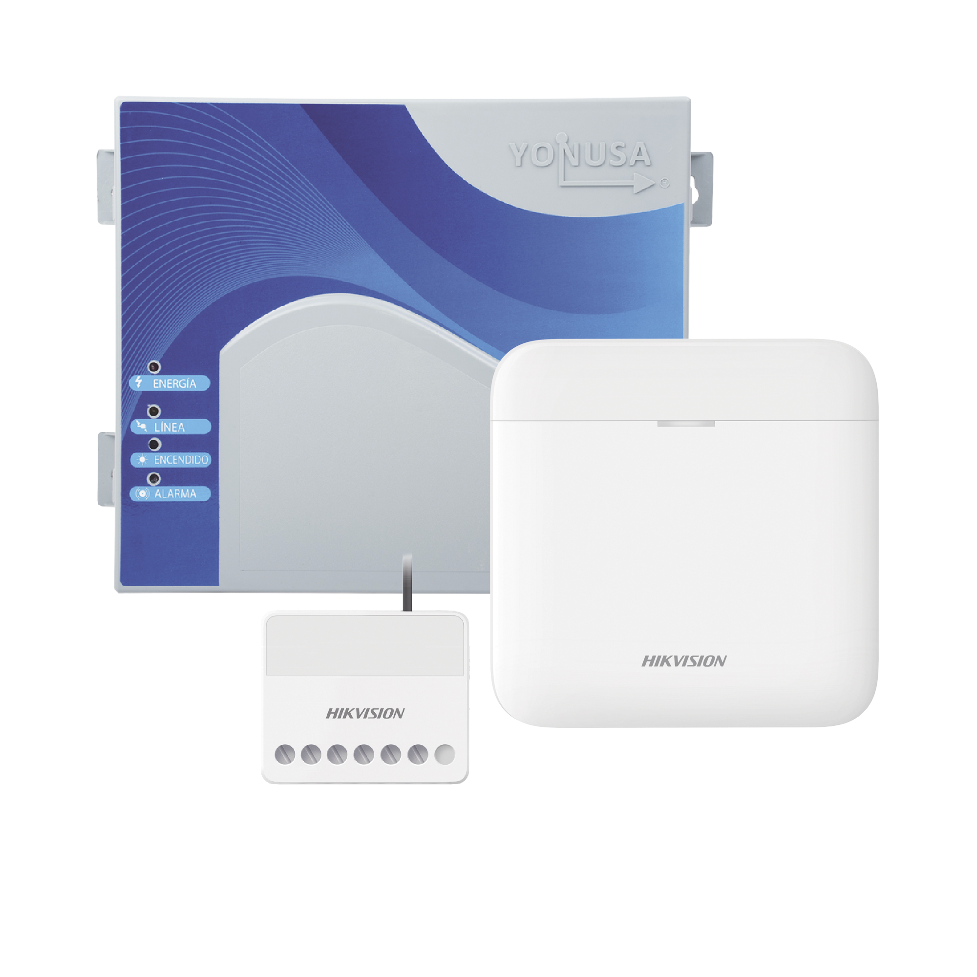 (AX PRO + YONUSA) KIT de Alarma AX PRO / Incluye: 1 Hub con bateria de respaldo / 1 Energizador 2500Mts Lineales / 1 Relevador 0 a 36 Vcc (Max. 5 A) con Entrada de Alarma 27/7