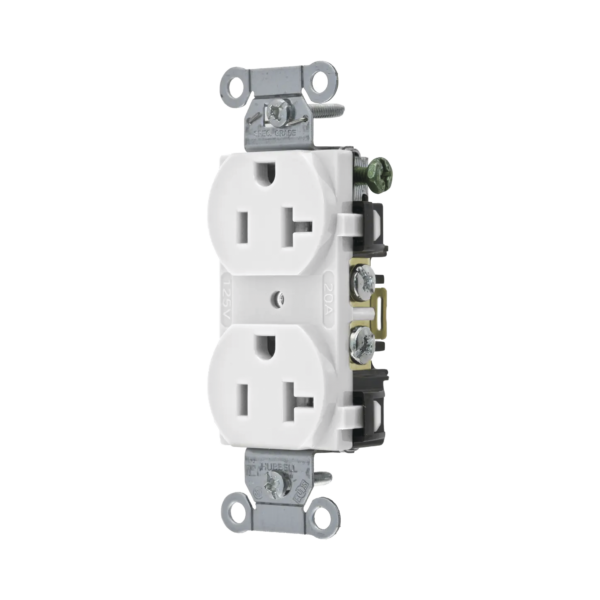 Contacto Dúplex 20 A, 125 V,  2 Polos, 3 Hilos, Cableado Posterior y  Lateral, Color Blanco (Nema 5-20R).