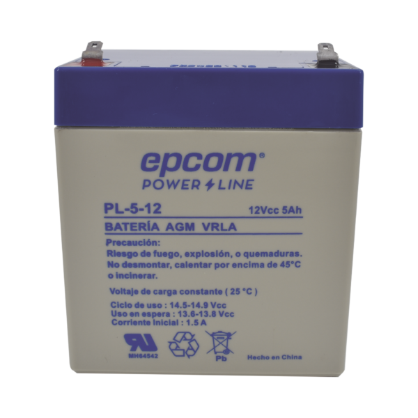 Batería 12 Vcc / 5 Ah / UL / Tecnología AGM-VRLA / Para uso en equipo electrónico Alarmas de intrusión / Incendio/ Control de acceso / Video Vigilancia / Terminales F1 / Cargador recomendado CHR-80.