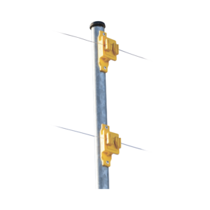 Aislador de Paso color Amarillo reforzado para cercos eléctricos, resistente al clima extremoso
