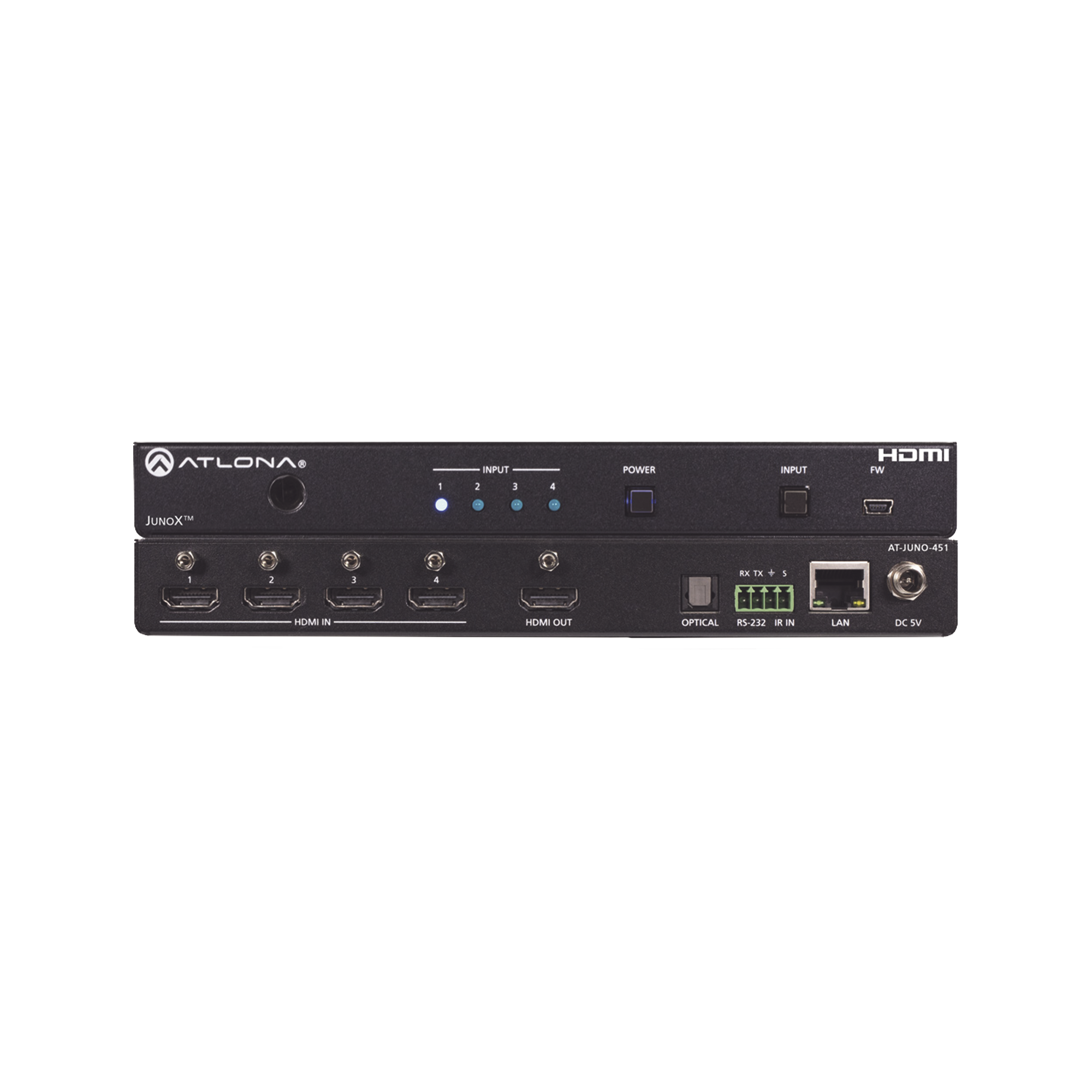 Atlona JunoX? Switch HDMI 4K UHD HDR 4x1 / Conmutación Automática, Compatible HDCP 2.2, Funciones de Gestión EDID, Canal ARC y Salida TOSLINK.