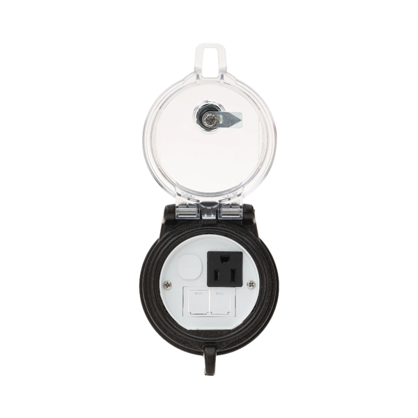 Dispositivo Circular de Puertos de Acceso a Datos, Con Dos Espacios Para Módulos Mini-Com y Un Receptáculo NEMA 5-15R, Protección IP66, de 3 de Diámetro