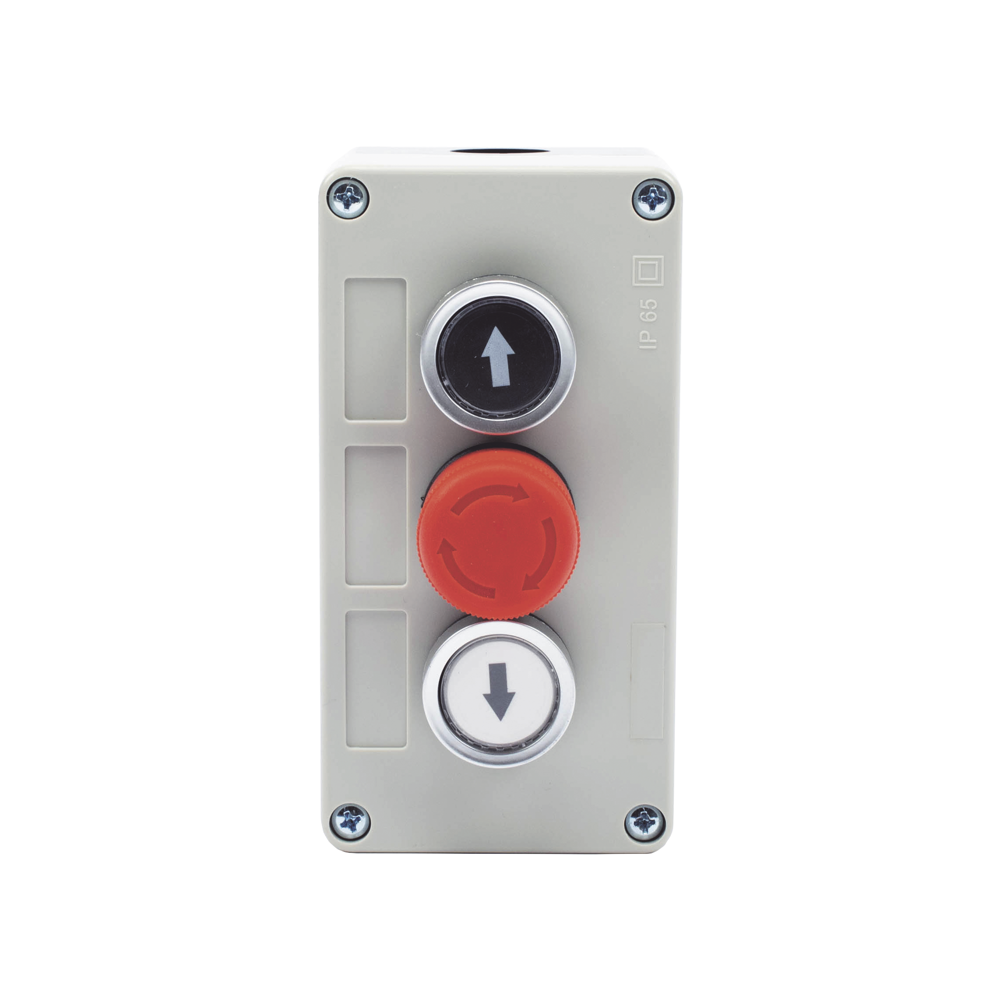 Botonera Triple con Boton de Stop Tipo Enclavado / Para Barreras Vehiculares, Operadores Corredizos y Abatibles.