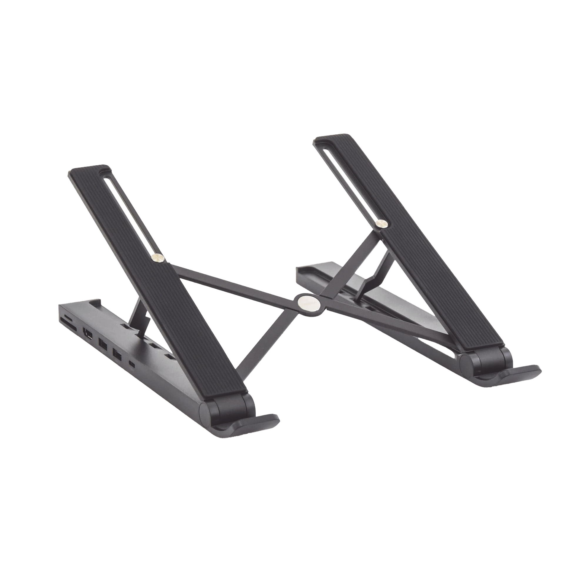 HUB (Docking Station) 5 en 1 con Soporte para Laptop | 2 USB 3.0 a 5Gbps | HDMI 4K@30Hz | Memoria Micro SD (TF) + SD | Amplia Compatibilidad de 10-15 | Ajuste de Altura | Aluminio | PC+ABS | Silicona | Color Negro.