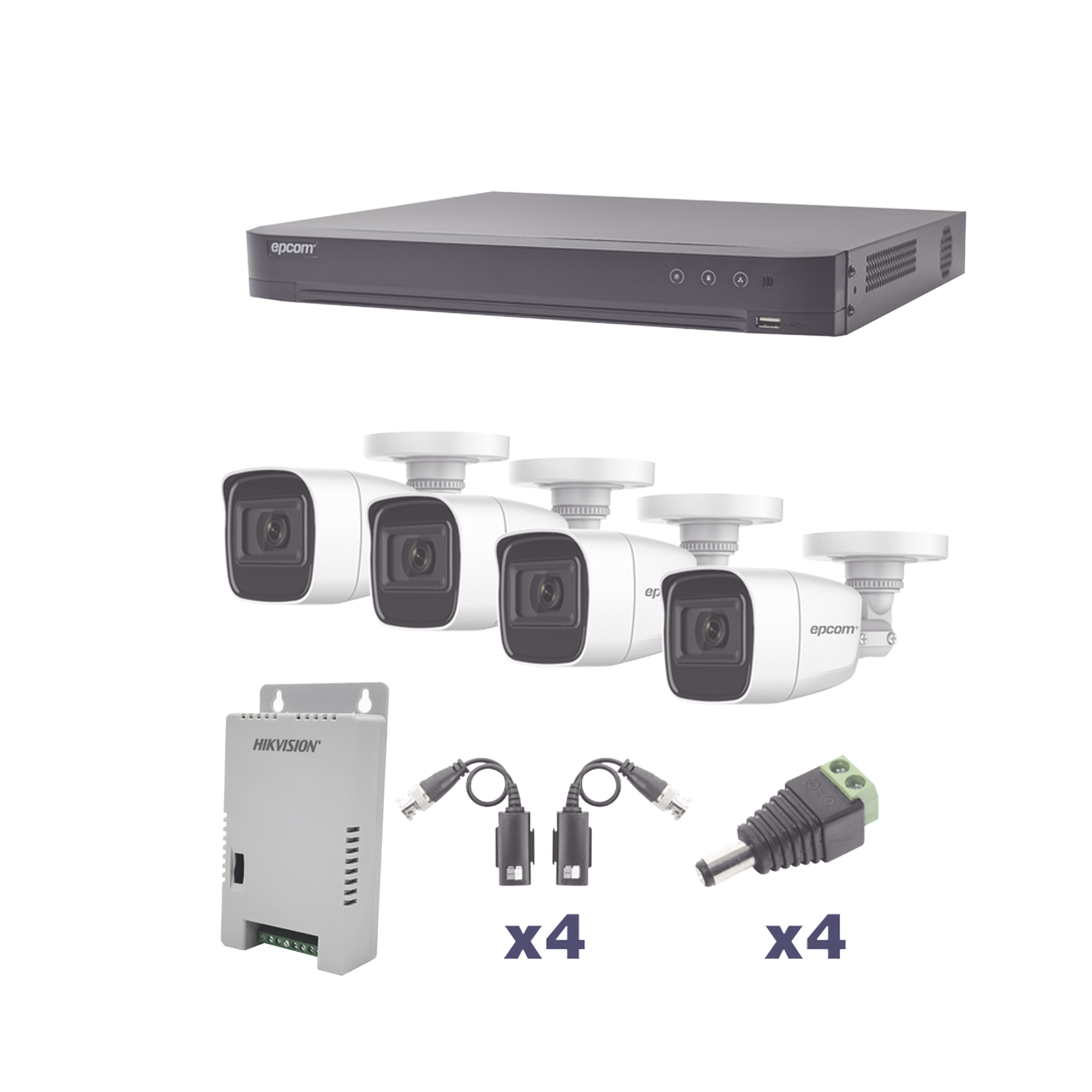 KIT TurboHD 1080p / DVR 4 Canales / 4 Cámaras Bala Policarbonato con Audio Integrado (exterior 2.8 mm) / Transceptores / Conectores / Fuente de Poder Profesional