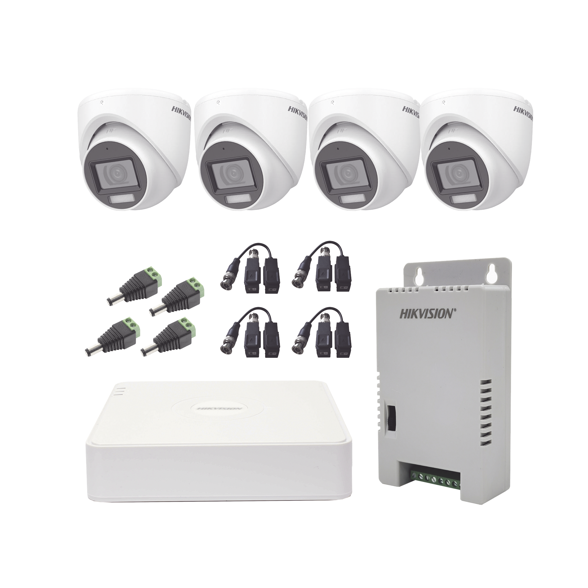 KIT TurboHD 1080p / DVR 4 Canales con audio por coaxitron / 4 Cámaras con Micrófono y 106° Visión/ luz blanca + IR visión nocturna / Transceptores / Conectores / Fuente de Poder Profesional