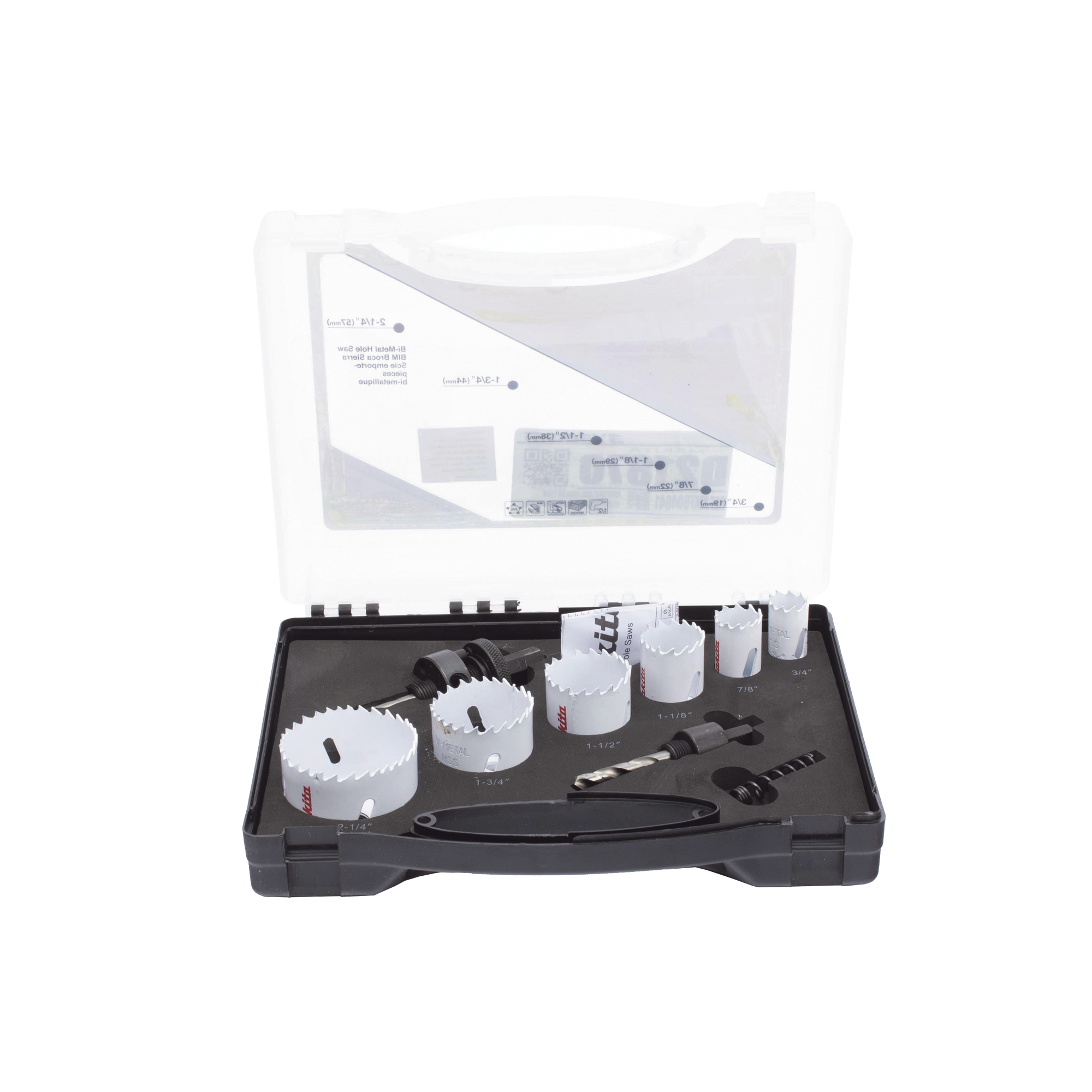 Kit de broca sierras (3/4 - 2 1/4 in) incluye 6 piezas de broca sierras, 2 adaptadores y resorte de expulsión.