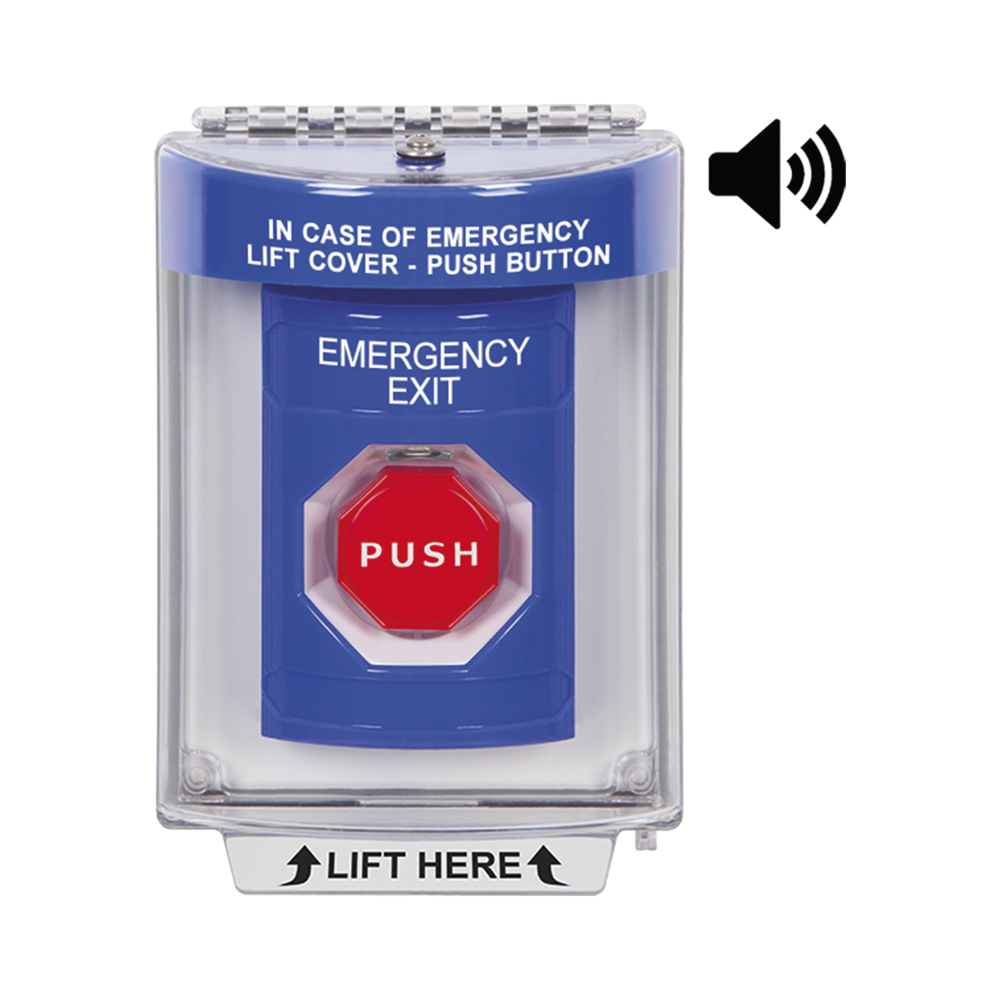 Botón De Salida De Emergencia Con Bocina De Advertencia Integrada, Interior/Exterior, Texto En Ingles, Tapa Protectora De Policarbonato Súper Resistente, Llave Para Restablecer