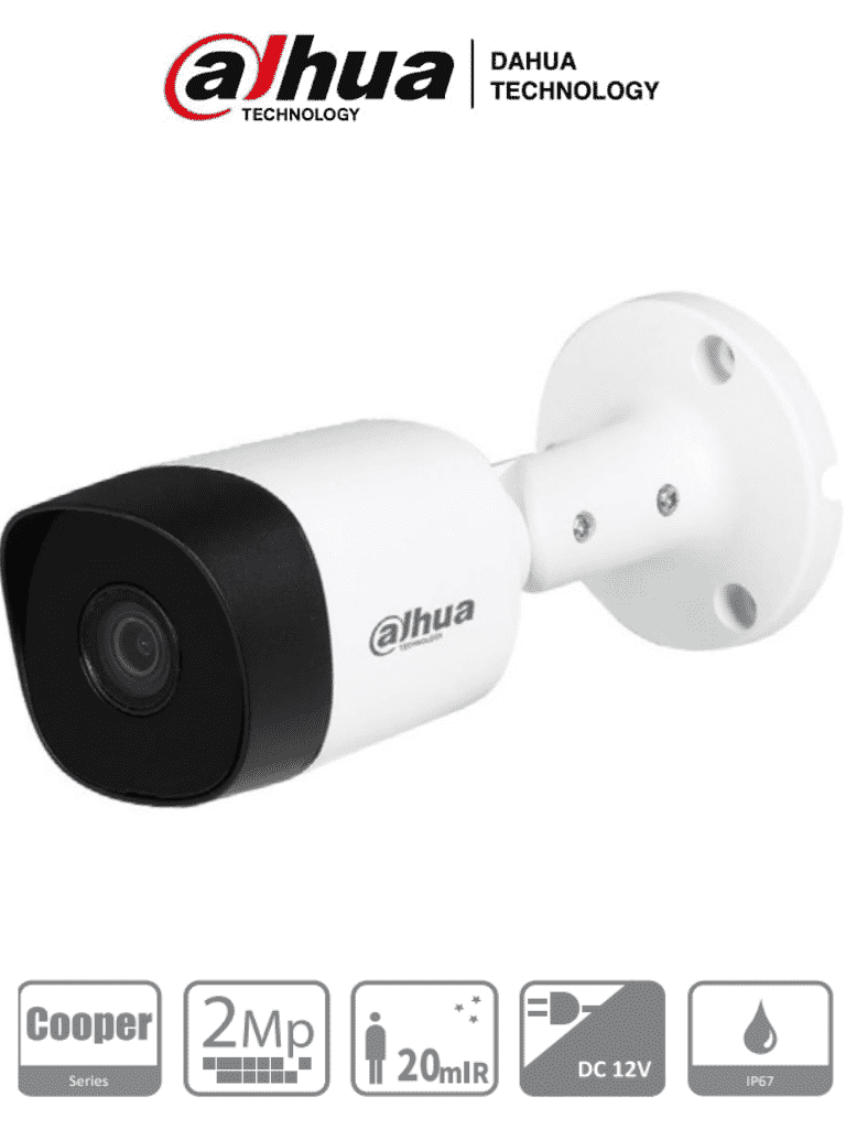 DAHUA HAC-B2A21-28 - Cámara Bullet de 2 Megapixeles. Resolución 1080p. Lente de 2.8 mm con ángulo de 100 grados. Alcance IR de 20m. Estructura metálica con protección IP67. Compatible con CVI, TVI, AHD y CVBS. Incluye menú OSD/