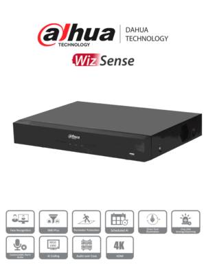 DAHUA DH-XVR5104HE-4KL-I3 - DVR de 4 canales 4K con WizSense y compresin H.265+. Admite 4 canales IP adicionales (hasta 8 en total), 1 canal de reconocimiento facial, SMD Plus, E/S de alarmas y 1 baha para disco duro. Perfecto para seguridad avanzada.