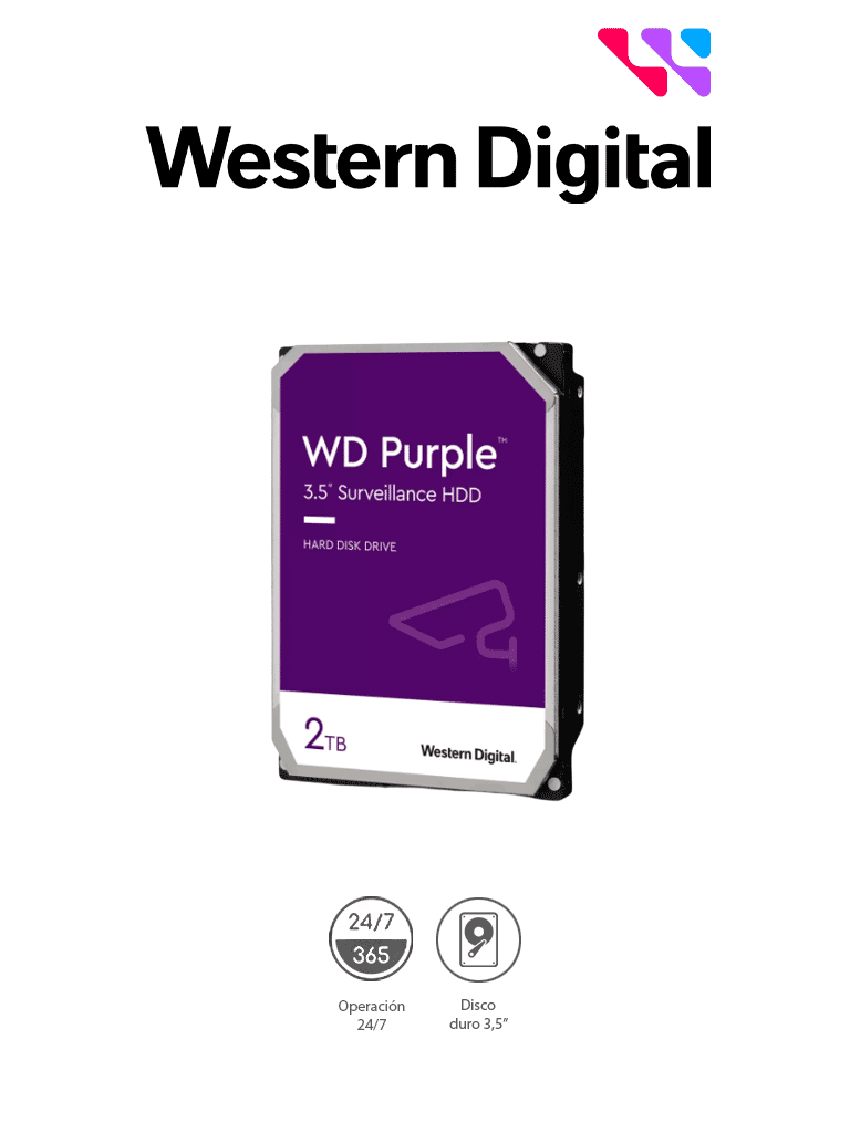 WESTERN DIGITAL WD23PURZ - Disco duro de 2TB / Serie Purple para videovigilancia / Trabajo 24/7/ Interface: Sata 6 Gb/s/ Hasta 64 Cámaras/ Hasta 8 Bahías de Discos Duros/ 3 Años de Garantía #VIVA