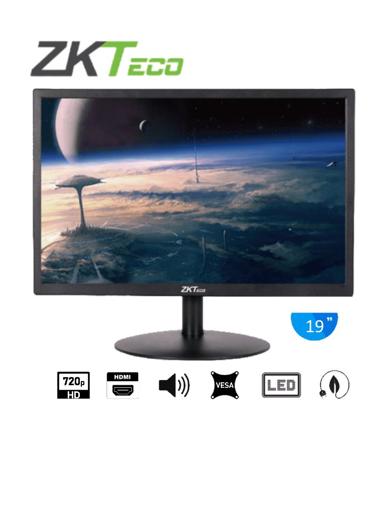 ZKTECO ZD192K - Monitor LED HD de 19 pulgadas / Resolución 1440 x 900 / 1 Entrada de video HDMI y 1 VGA / Ángulo de Visión Horizontal 170° / Soporte VESA / Operación 24/7 / Incluye Cable HDMI #ZK2