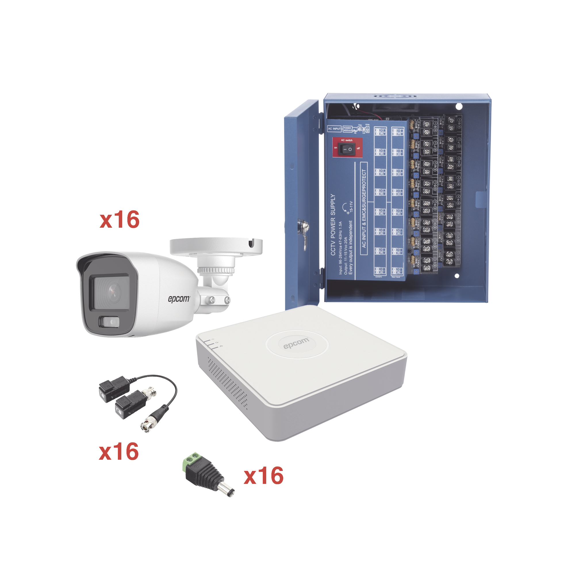 Kit TurboHD 1080p Lite / DVR 16 Canales / 16 Cámaras Bala Exterior ( 2.8mm) con ColorVu + Micrófono Integado / Transceptores / Conectores / Fuente de Poder Profesional