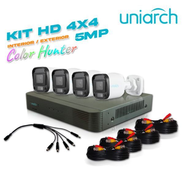 KIT SIN CAJA UNIARCH 4X4 5 MEGAPIXELES ANALOGICO 4 CÁMARAS COLOR HUNTER BULLET INTERIOR / EXTERIOR / LENTE FIJO 2.8MM / 12VDC / IP67 / 20M IR / DWDR / METAL PLASTICA / MENU OSD / DEFOG 1 DVR PENTAHIBRIDO UNIARCH XVR-104G3 4 CAMARAS UAC-B115-F28-W 4 CABLES PREPONCHADOS DE 18 MTS Y UN PULPO DE 5 SALIDAS