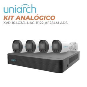 KIT UNIARCH BULLET 2MP / 4 CÁMARAS TIPO BULLET ANÁLOGAS 2MP INTERIOR / EXTERIOR / MICRÓFONO INCLUIDO / LENTE FIJO 2.8 MM / 12VCD / IP67 / IR 20M / DWDR / 1 XVR-104G3 / CON CABLES / FUENTE DE PODER Y PULPO DE 1 A 4