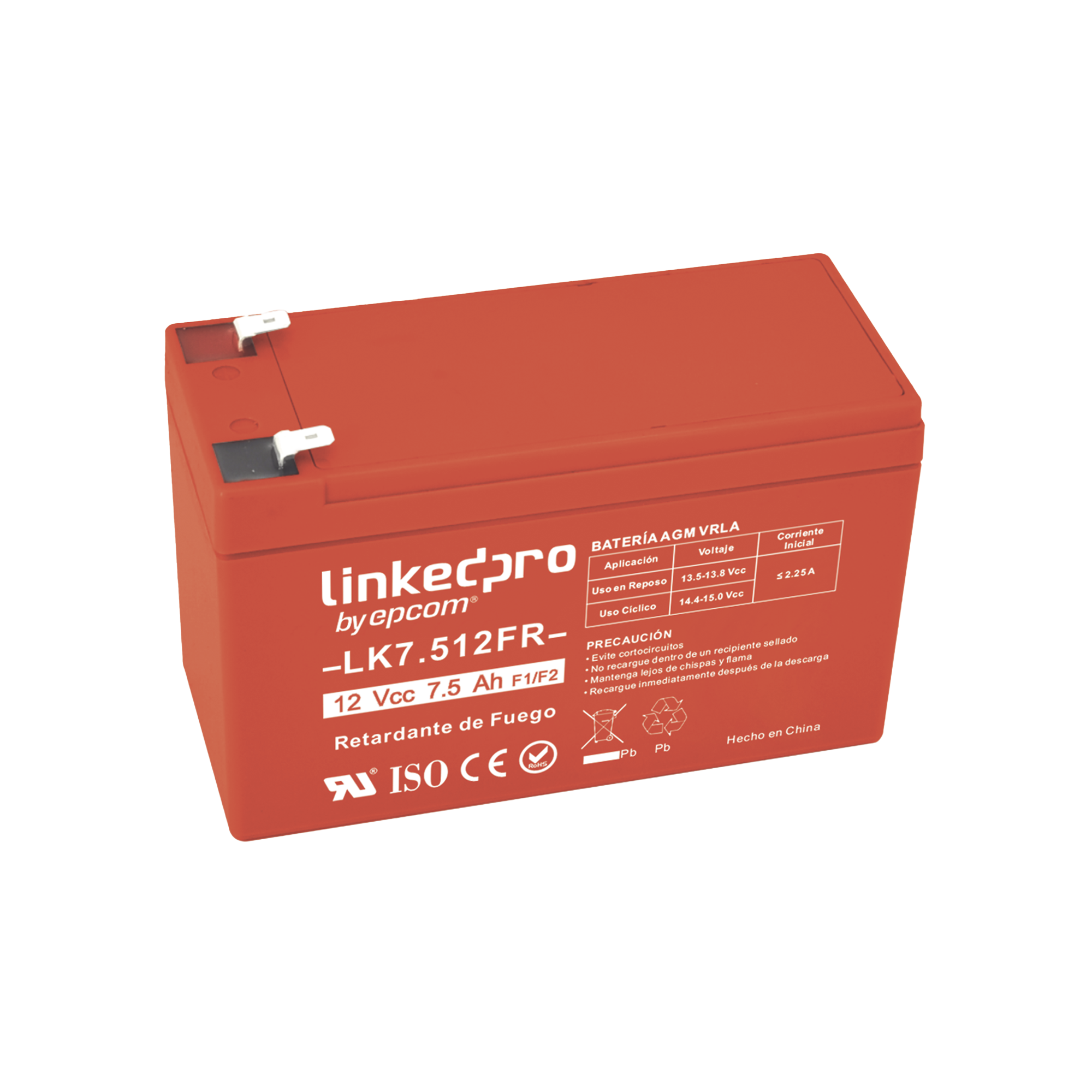 Batería 12 V / 7.5 Ah / UL / Tecnología AGM-VRLA / Vida útil promedio de 5 años / Retardante a la Flama / Para equipo electrónico, Alarmas de Intrusión / Incendio/ Control de acceso / Video Vigilancia / Terminales