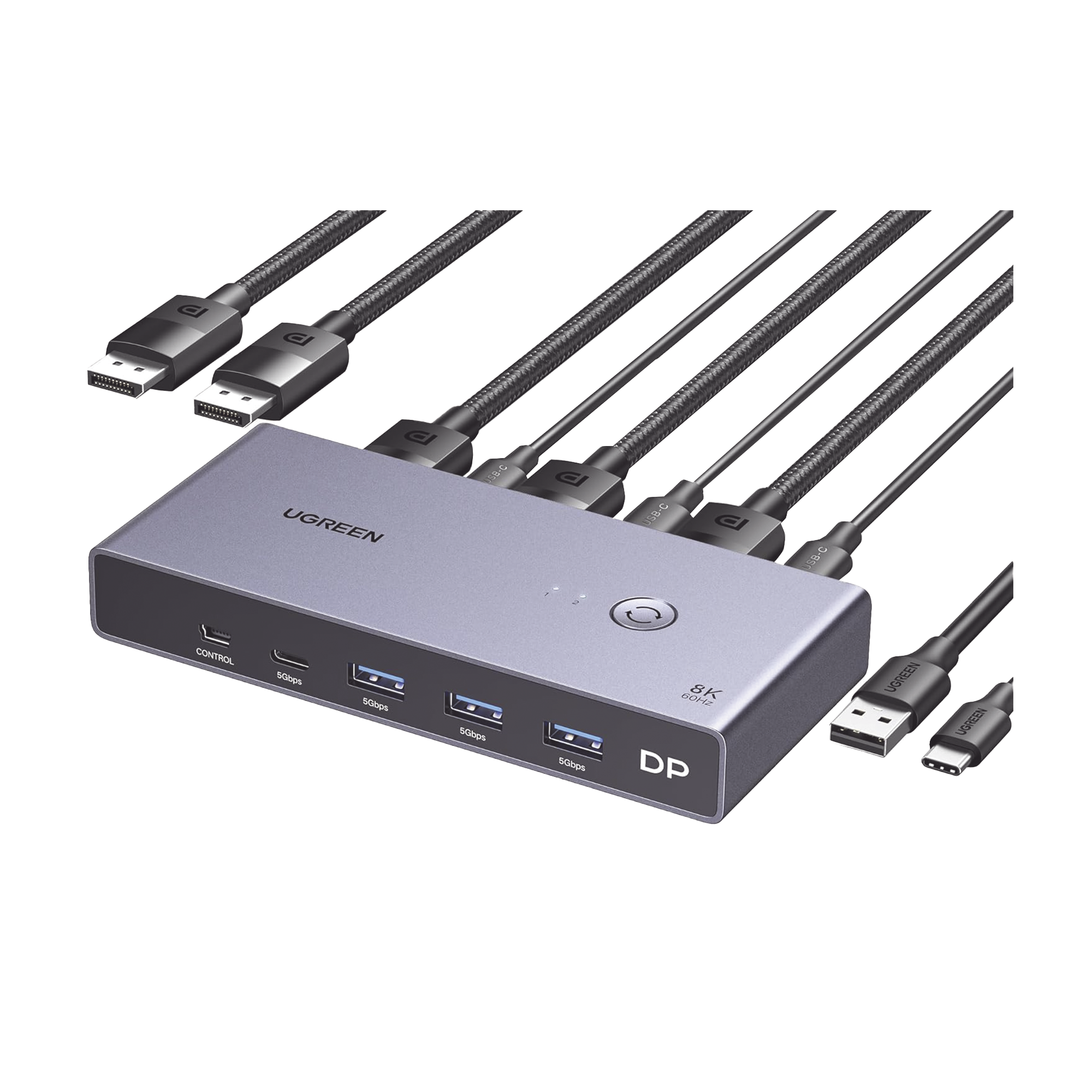 Conmutador KVM DisplayPort 8K | DP 1.4 | 2 Entradas 1 Salida | 4 Puertos USB 3.0 (3 USBA *1 USBC) | Soporta 8K@60Hz | HDR | Control de Escritorio | Carcasa de Aluminio | Indicador Led | Compatible Win, MacOs y Linux.