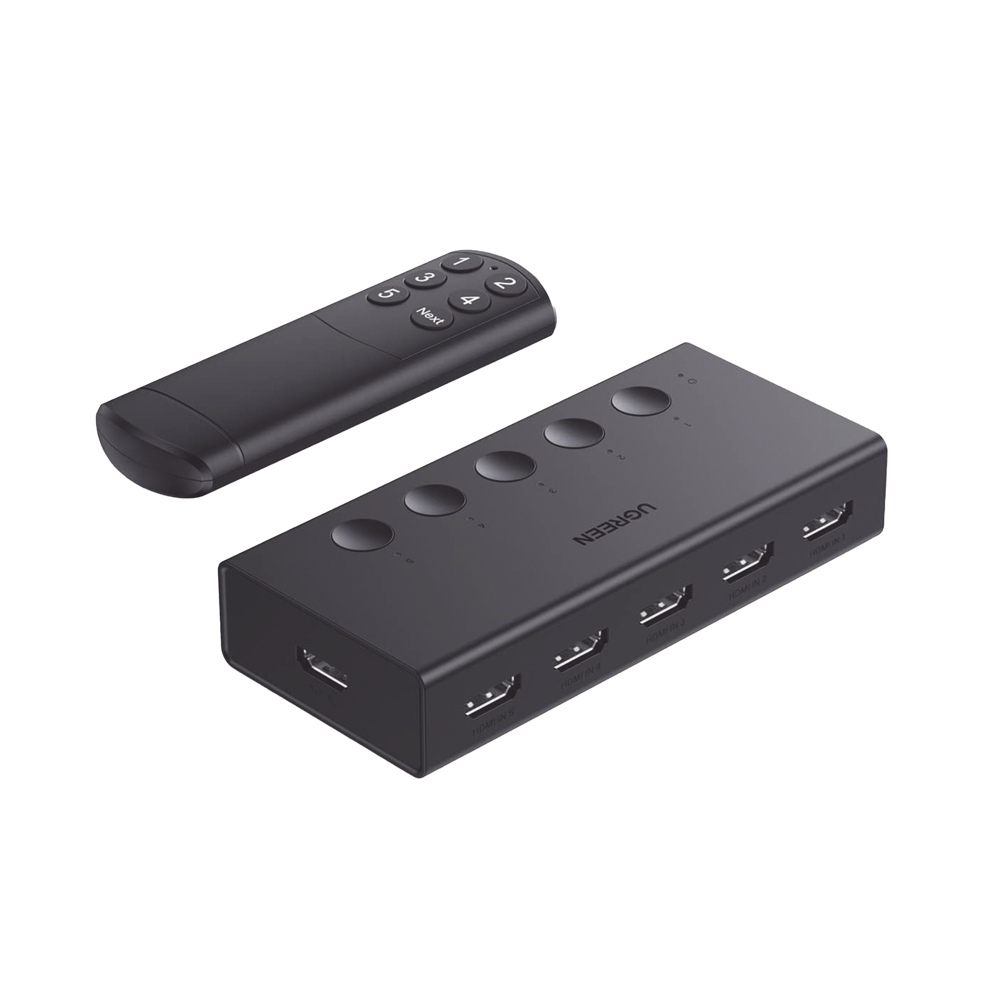Conmutador HDMI 5X1 | 4K@60Hz | HDMI 2.0, 1.4 | HDCP 2.2, 1.4 | VRR | Dynamic HDR | 3D | CEC | EDID | IR 10m | 18Gbps | Cambio Manual y por Control Remoto | Incluye Cable de Alimentación USB.