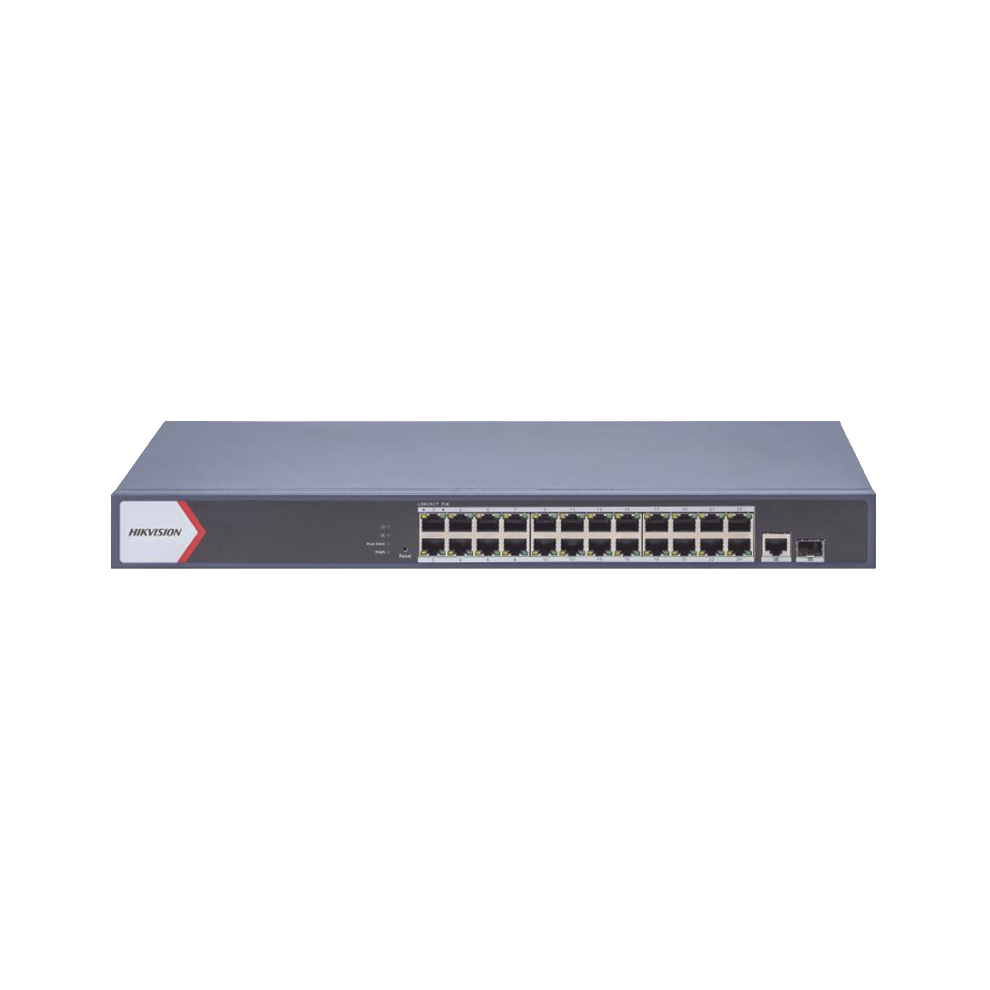 Switch Gigabit PoE+ / Administrable / 24 Puertos 1000 Mbps PoE+ / 1 Puerto 1000 Mbps Uplink / 1 Puertos SFP Uplink / Configuración Nube Hik-Partner Pro / Modo Extendido hasta 300 Metros / 230 W