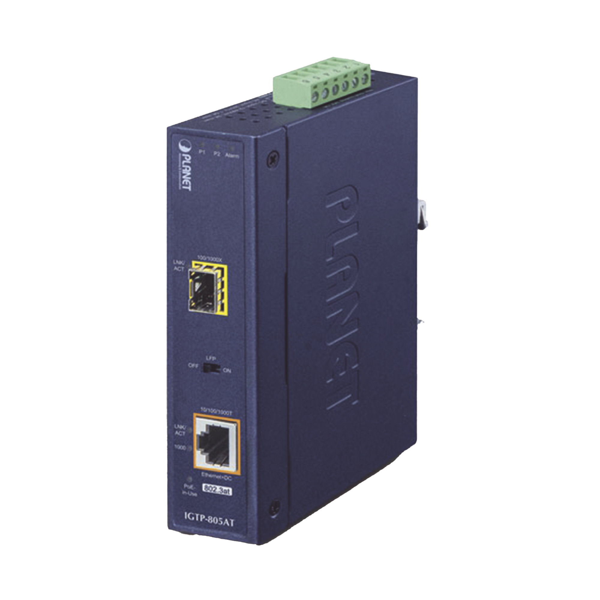 Convertidor de medios industrial PoE+ 1000BASE-SX/LX a 10/100/1000BASE-T 802.3at (mini-GBIC, SFP)