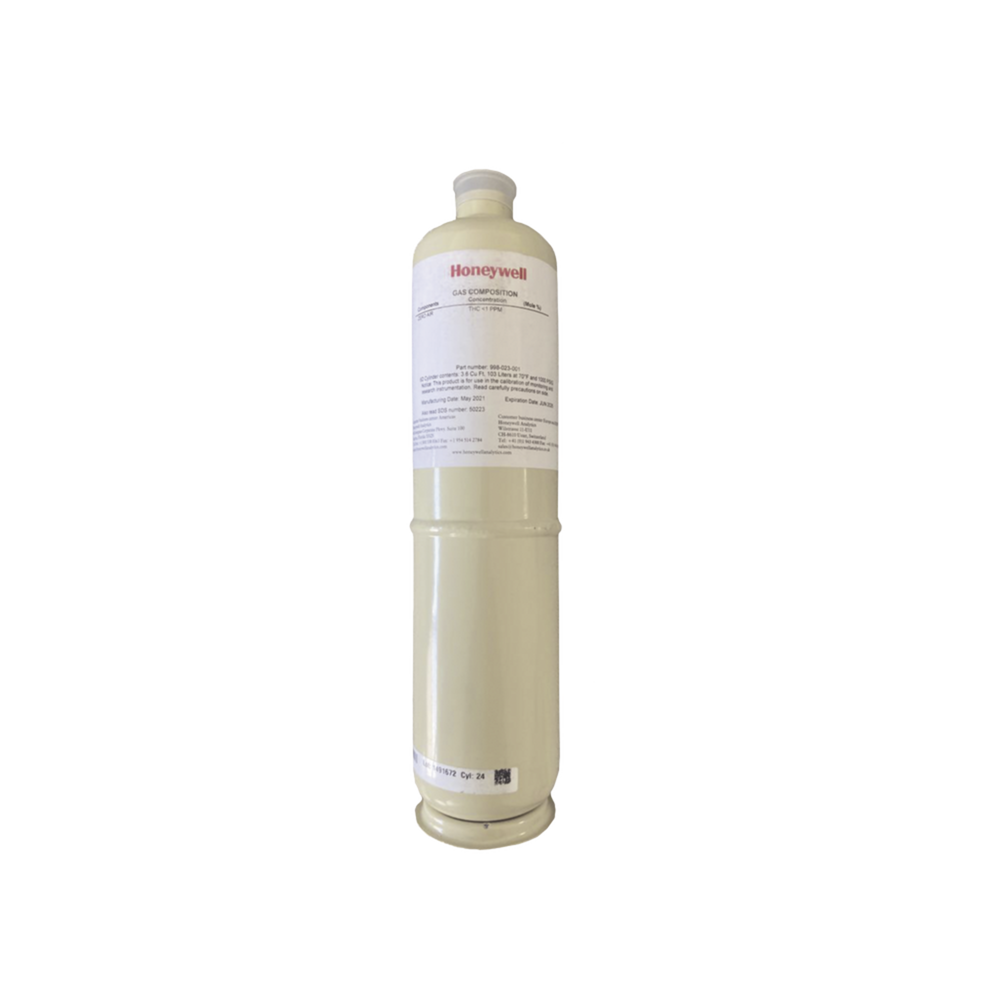 Cilindro Para Calibración De Hidrogeno H2/Air, Balance Aire, Concentración 50% LEL, Capacidad 103 L, Dimensiones 5/8 x 18 Para Serie XNX/XCD/S3K Gases Combustibles