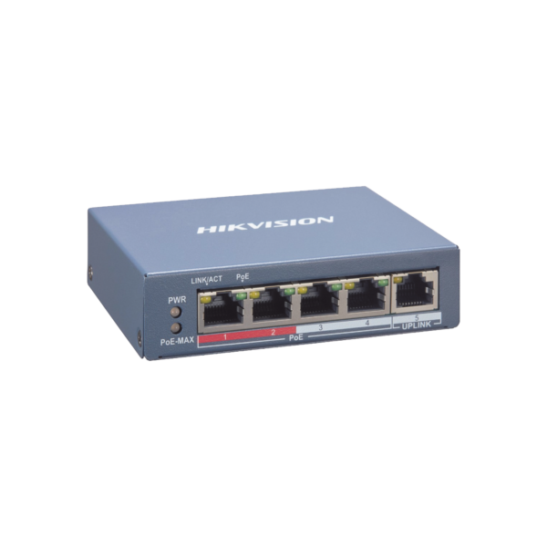 Switch PoE+ / Administrable / 4 Puertos 10/100 Mbps PoE+ / 1 Puerto 10/100 Mbps Uplink / Configuración Nube Hik-PartnerPro / Modo Extendido hasta 300 Metros /  45 W