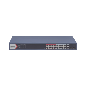 Switch PoE+ / Monitoreable / 16 puertos 10/100 Mbps PoE+ / 2 Puertos 1000 Mbps Uplink / 2 Puertos SFP de Uplink /  Configuración Nube Hik-Partner Pro / Modo Extendido hasta 300 metros / 230 W