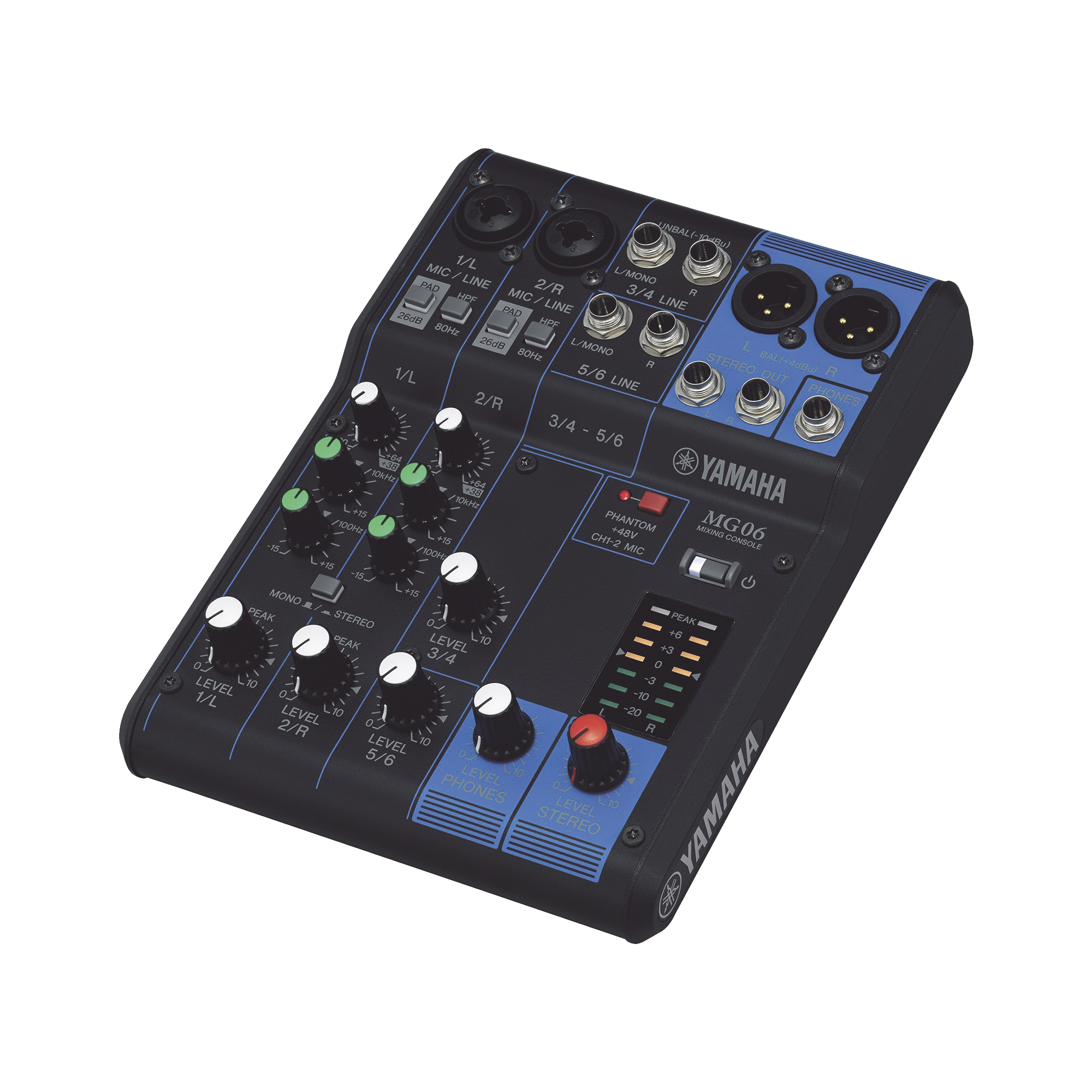 Mezcladora de Audio | 6 Canales | 2 entradas de micro/6 de línea (2 mono + 2 estéreo) | Alimentación Phantom