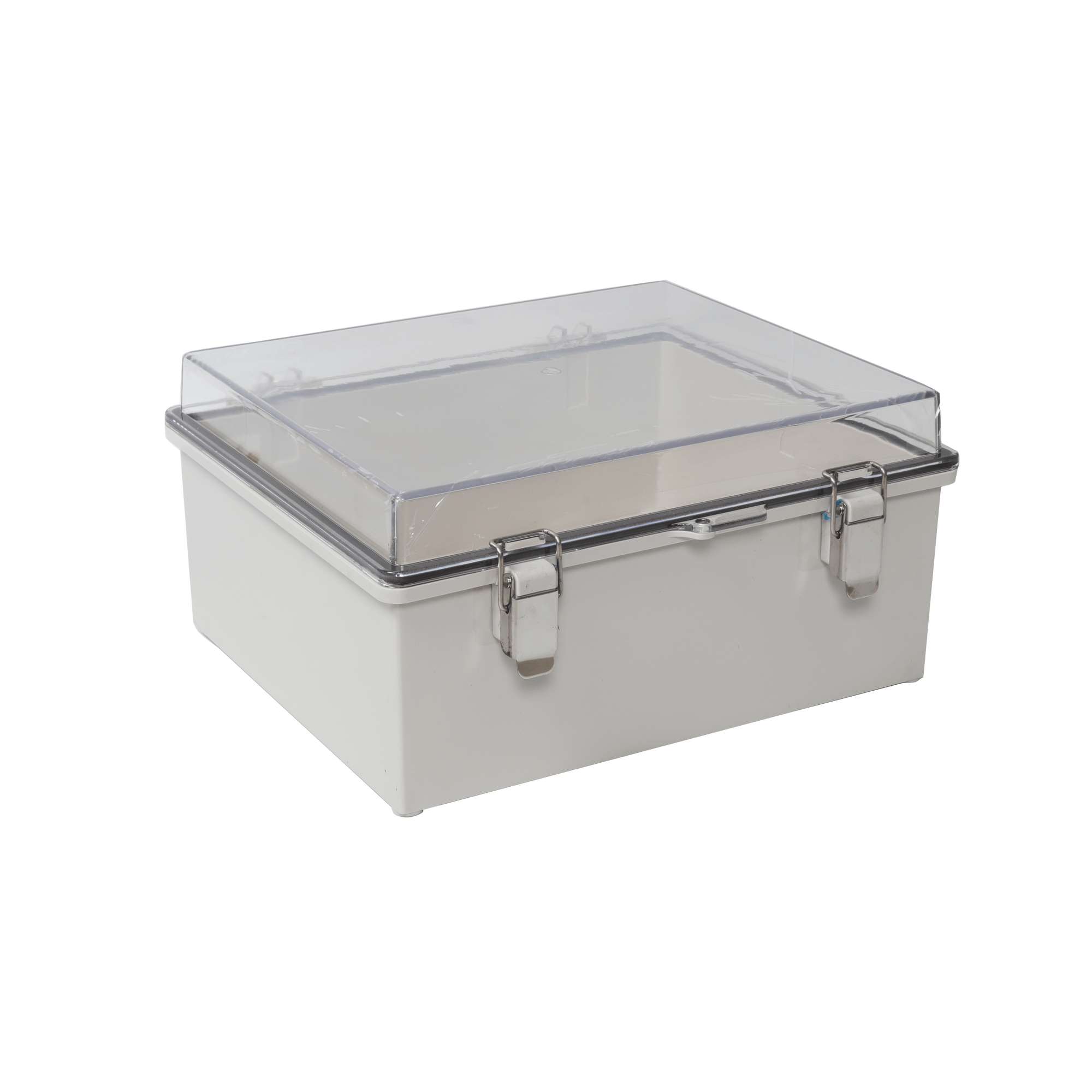 Gabinete Plástico ABS, Puerta Transparente, Uso en Intemperie (300 x 300 x 180 mm) Cierre por Broches Inoxidables y Permite Cerrado con Candado y Llave (Perno 5mm) No Incluido