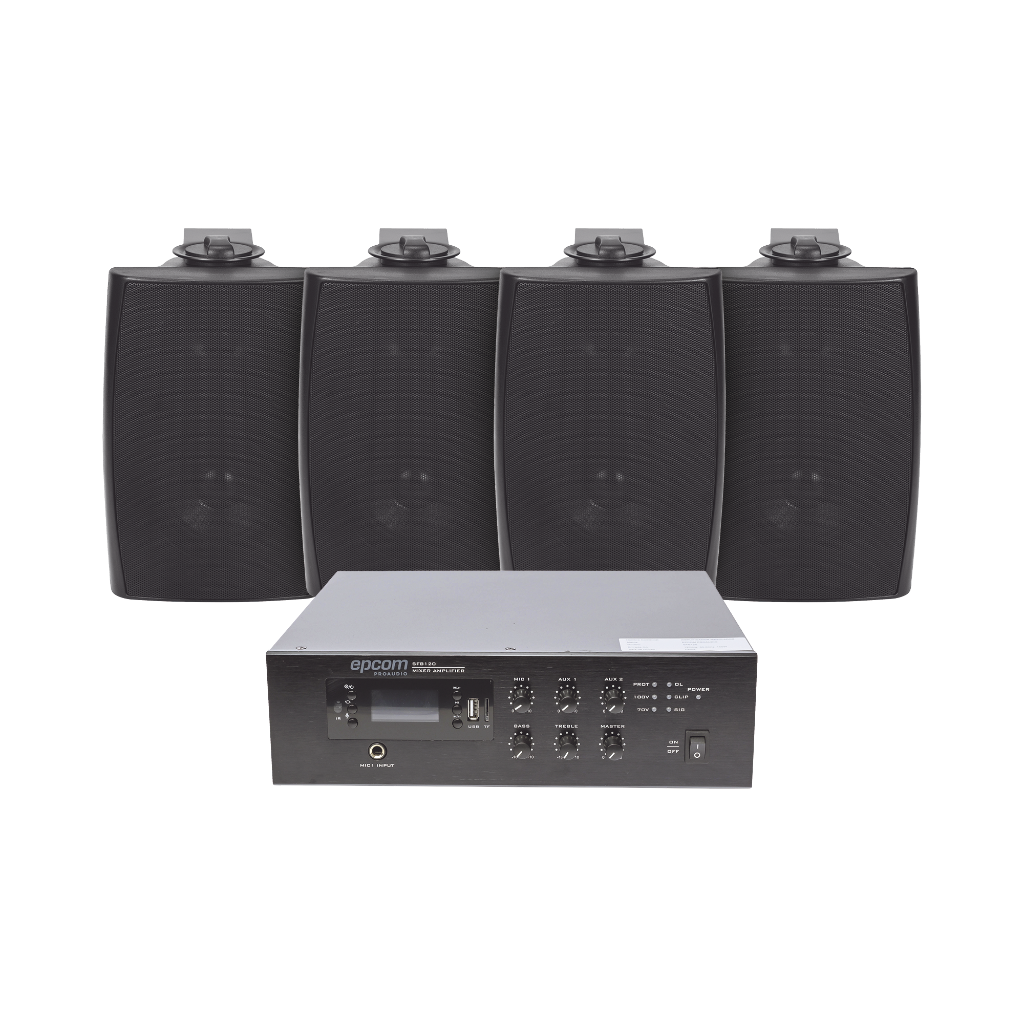 KIT de Amplificador de 120W para Escritorio | 4 Altavoces de Pared color Negro 2.5W - 20W | Sistema 70/100V