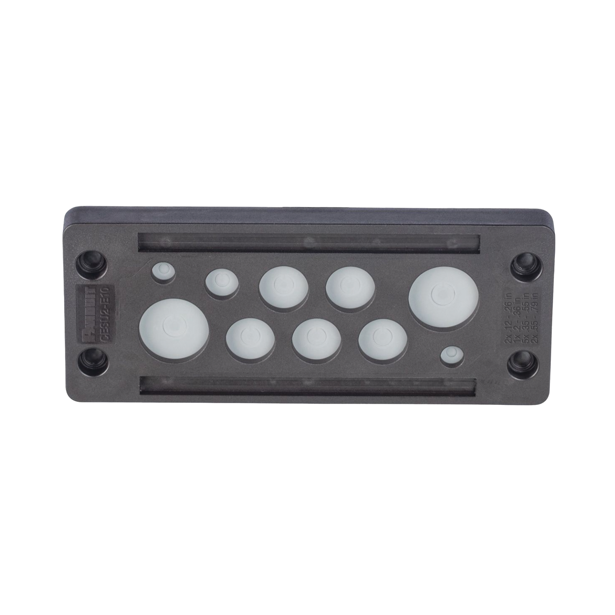 Pasacable de 10 Orificios de Marco Rectangular, IP65, 4.41 X 1.42, para Cables no Terminados, Color Negro.