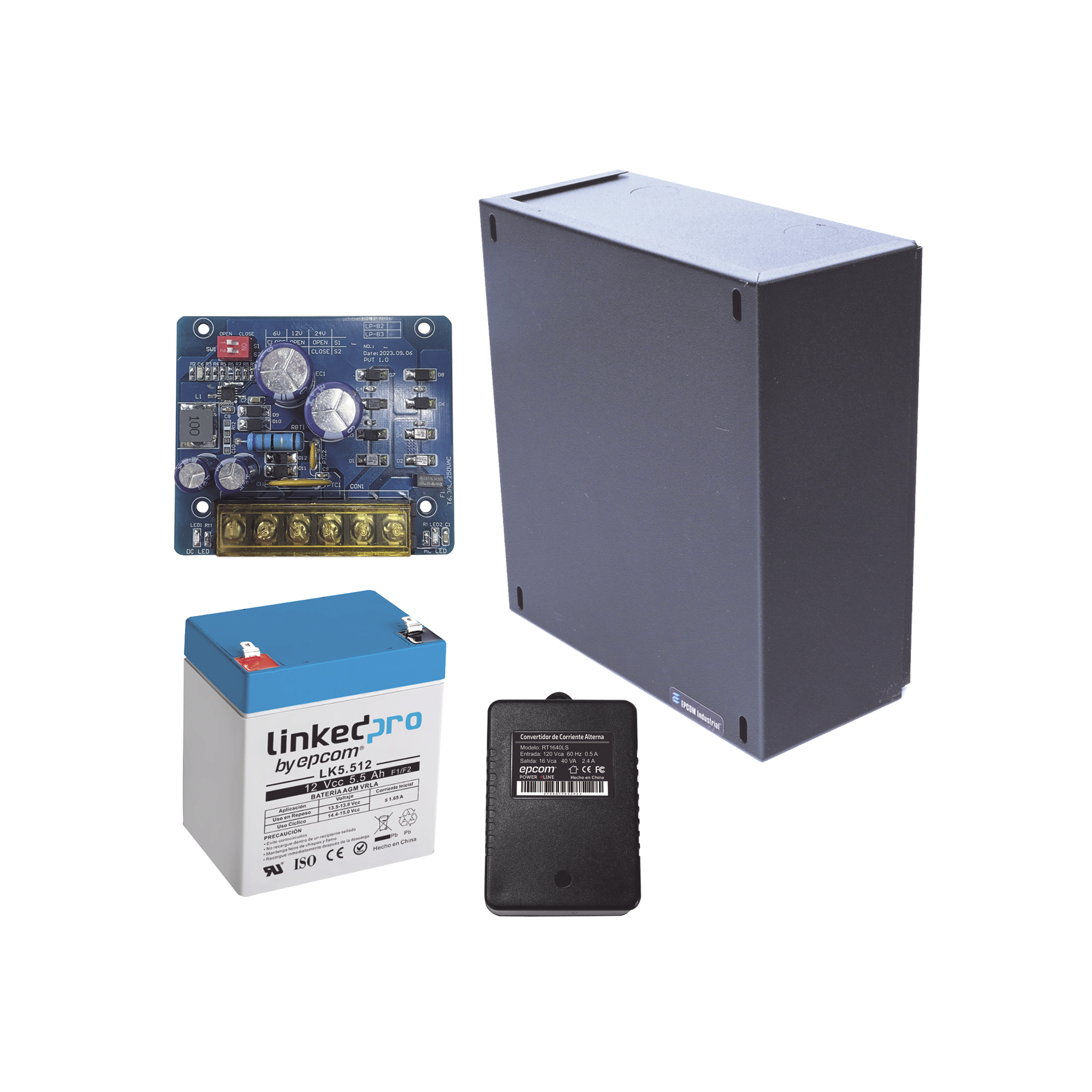 Kit con fuente PLB2 con salida de 12 Vcc a 2.5 Amper, incluye transformador y batería de 12 V a 5.5 Amper