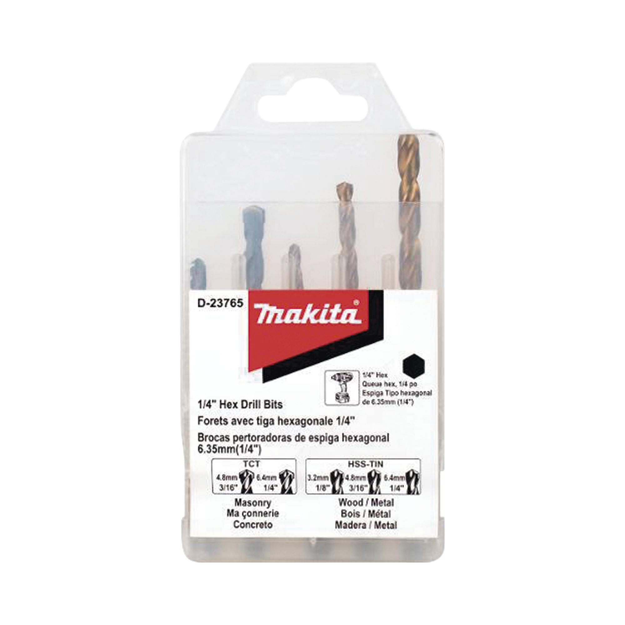 Juego de 5 Brocas con Inserción Hexagonal de 1/4. De concreto: 3/16 y 1/4. Para metal: 1/8, 3/16 y 1/4.