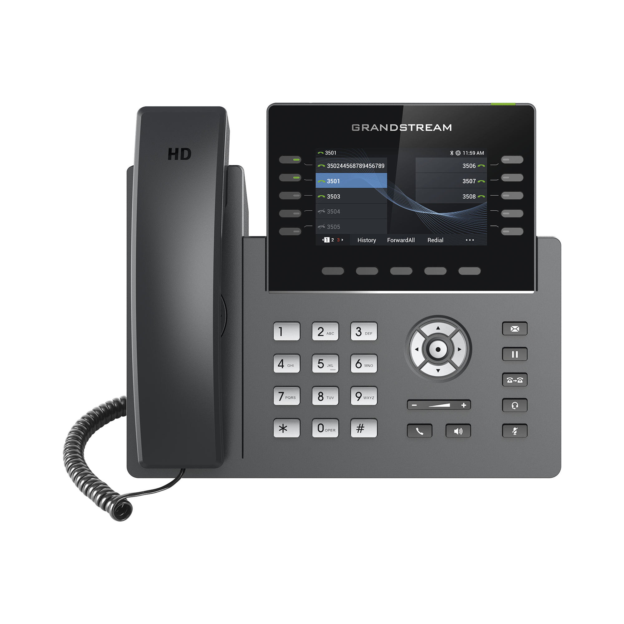 Teléfono IP Wi-Fi, Grado Operador, 10 líneas SIP con 5 cuentas, pantalla a color 4.3, puertos Gigabit, Bluetooth, PoE, codec Opus, IPV4/IPV6 con gestión en la nube GDMS