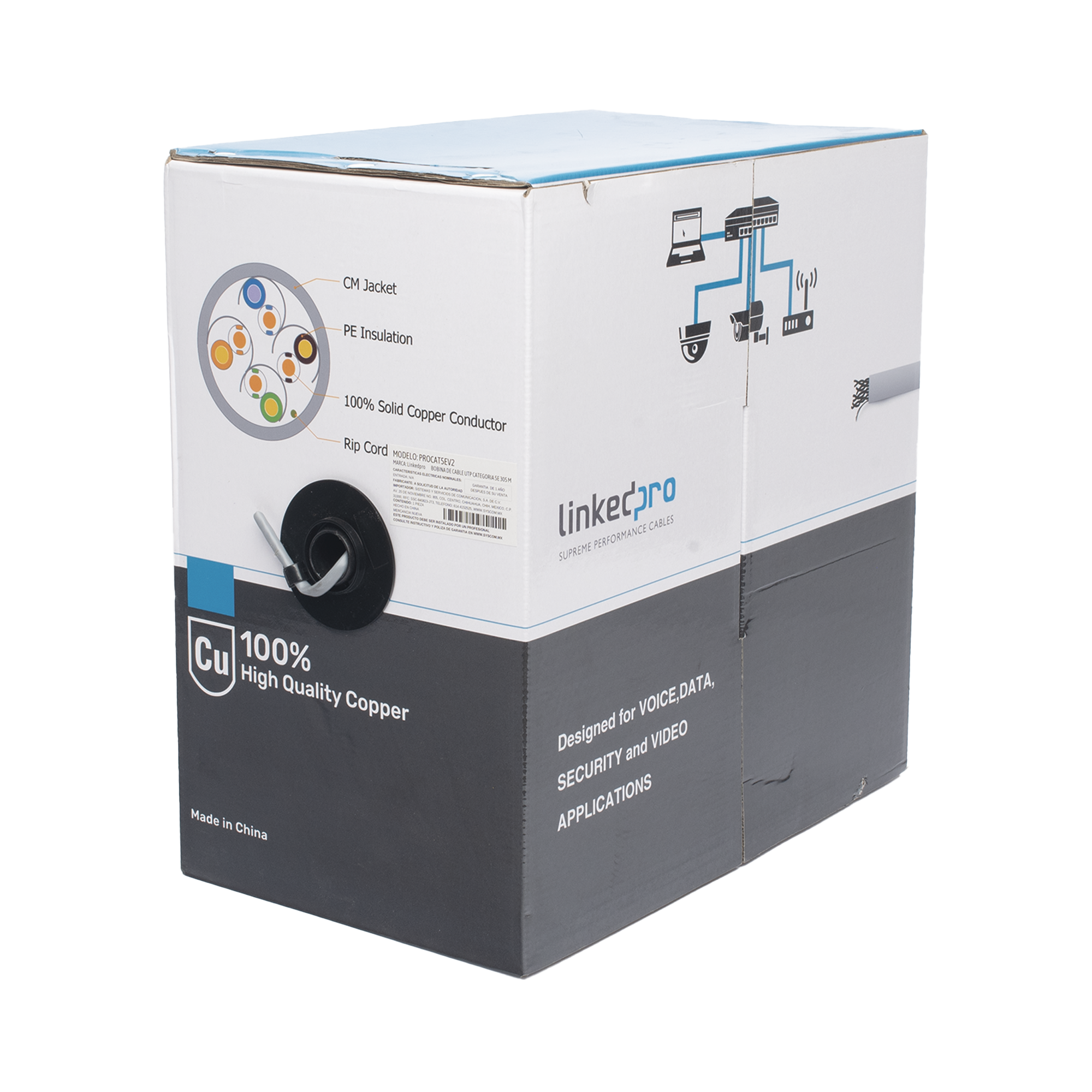 Bobina de cable de 305 m, ( 1000 ft ), Cat5e, alto desempeño, de color Gris, UL, para aplicaciones en video vigilancia, redes de datos. Uso Interior