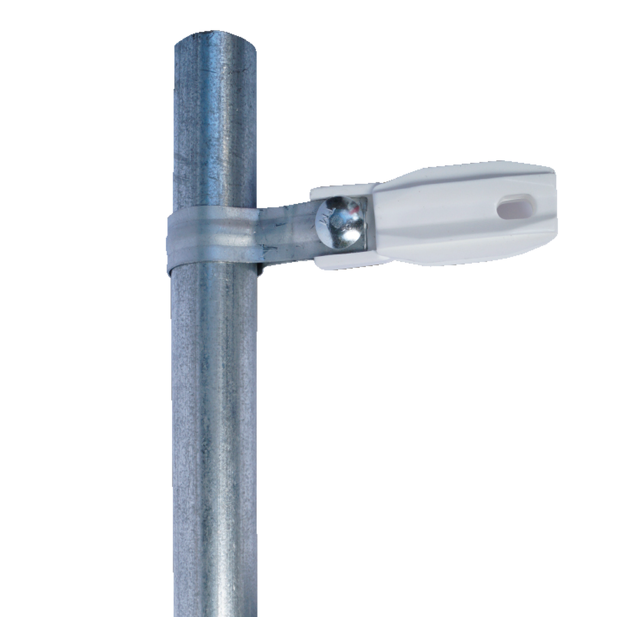 Aislador de paso o esquina de color Blanco con abrazadera incluida de 33-38mm para uso en tubería de malla ciclónica.