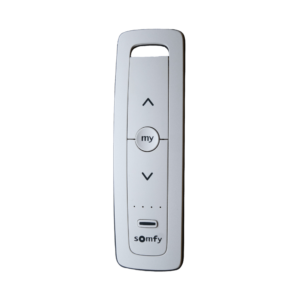 Control remoto 5 canales para motores de persiana Somfy con señal inalámbrica, instrucciones: sube, baja y detener, con posición favorita programada.