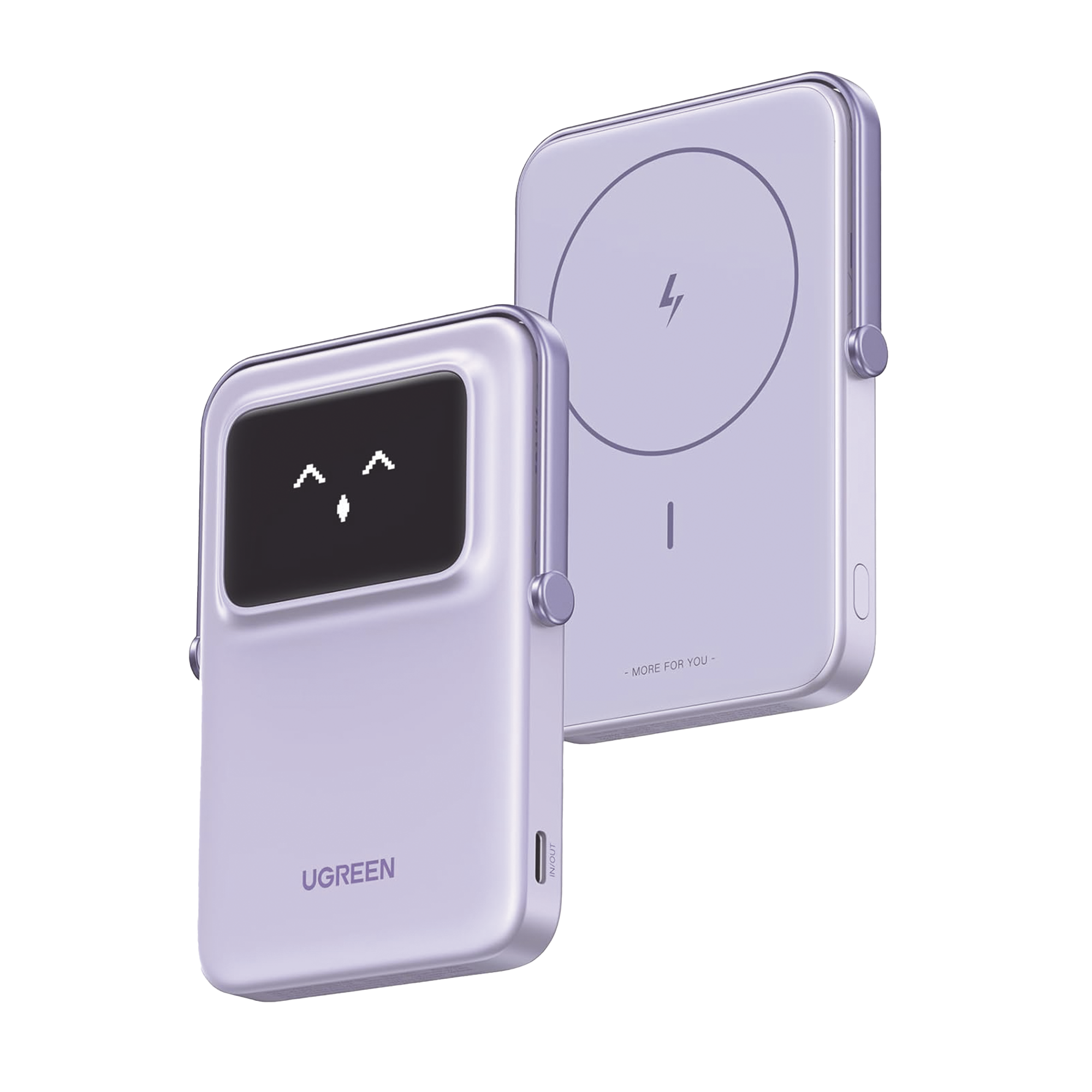 Power Bank Serie UNO Inalambrico | 10000mAh | 7.5W/20W | Con Emojis de Estado | Carga Rápida USB-C Bidireccional | Pantalla TFT Inteligente | Con Holder | Color Purple.