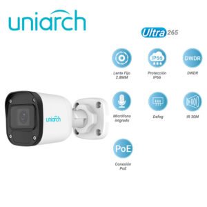 CAMARA IP BULLET UNIARCH IPC-B125-APF28 UNIARCH / 5MP/ ULTRA 265 / LENTE 2.8 MM / IP67 / DWDR / MICROFONO INTEGRADO / DIGITAL DEFOG / IR 30M / POE / 12 VCD