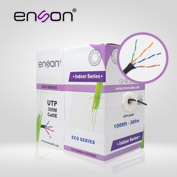 CABLE UTP CAT5E ENSON 12251B305 SERIE ECO CALIBE 24 AWG CCA BOBINA DE 305 METROS FORRO PVC COLOR NEGRO USO INTERIOR RECOMENDADO PARA TRANSMISION DE DATOS BASE 10100