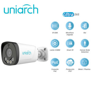 CAMARA IP BULLET UNIARCH IPC-B233-APF40W / 3MP / ULTRA 265 / MICROFONO INTEGRADO / ROI / LENTE 4.O MM / SMART DUAL LIGHT / ANALITICAS HUMAN BODY DETECTION / IP67 / POE / 12 VCD / METAL PLASTICA