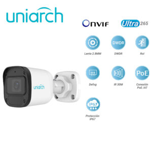 CAMARA IP MINI BULLET UNIARCH IPC-B122-APF28-E / 2MP / LENTE FIJO 2.8 MM / ULTRA 265 / DWDR / ROI / DIGITAL DEFOG / IR 30M / POE AT / 12VCD / IP67 / ONVIF