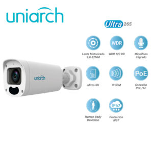 CÁMARA IP BULLET UNIARCH IPC-B315-APKZ / 5 MP/ ULTRA265 / LENTE MOTORIZADO 2.8-12 MM / WDR 120 DB / MICROFONO EMBEBIDO / RANURA PARA MICRO SD HASTA 256 GB / IR 50M / POE AF / 12 VCD / ANALITICA HUMAN BODY DETECTION / IP67