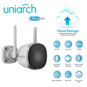 CAMARA IP BULLET WIFI CLOUD GRATUITO 7 DIAS UNIARCH UHO-B2R-M2F34 / 2MP / HD/ ULTRA265 / 12 VCD / DWDR / 3 AXIS / LENTE FIJO DE 2.8 MM / IR INTELIGENTE HASTA 20M / MICROFONO Y ALTAVOZ INTEGRADO / HUMAN BODY DETECTION / AUDIO DETECTION / RANURA PARA MICRO SD HASTA 128 GB / IP67
