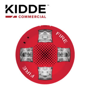 LUZ ESTROBOSCÓPICA DE TECHO 15-115 CD MARCA KIDDE EGCAVRF ROJA CON LA PALABRA FIRE. PLACA DE CABLEADO LATERAL DE LA HABITACIÓN INCLUIDA.