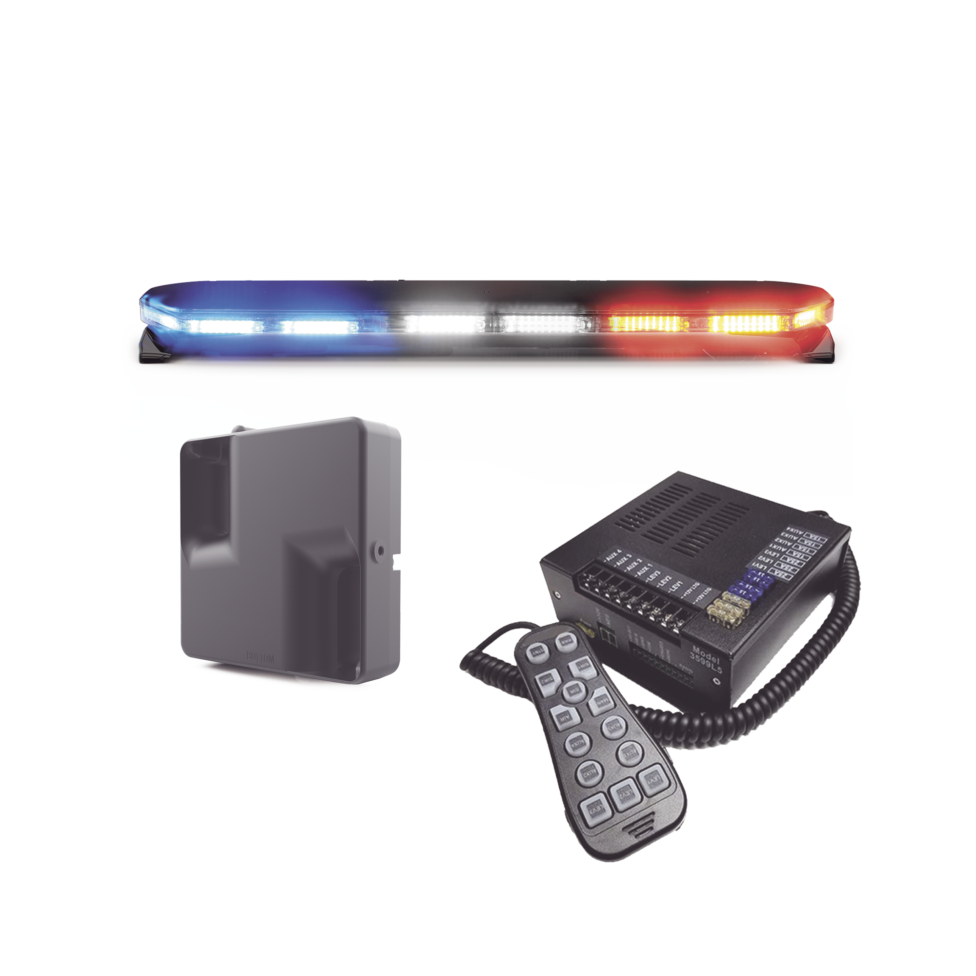 Kit de Sirena, Bocina y Torreta de 47, Serie 16 con 300 LEDs, Dual Color, Frente: Rojo/Blanco, Azul/Blanco, Trasero: Rojo/Ámbar, Azul/Ámbar