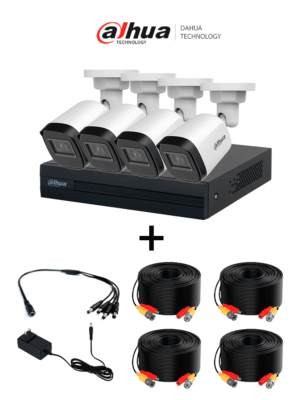 DAHUA PAQXVR1B04-I+4B1A21NU-DH-PFM942I-20-5- Paquete de 4 Canales de 2 Megapíxeles/ DVR Cooper-I WizSense con IA/ Compresión H.265+/ 4 cámaras B1A21NU028B/ 4 CH + 1 IP o hasta 5 IP/ Incluye 4 Cables DH-PFM942I-20-5/ SMD Plus y Búsqueda de Humanos y Ve