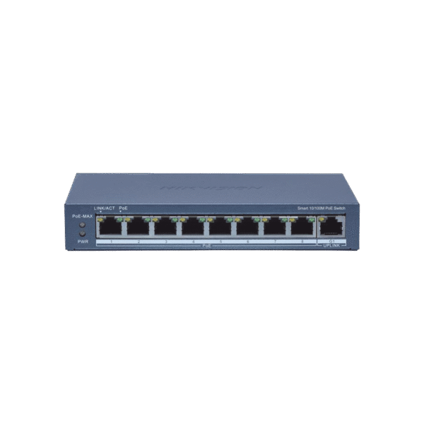 Switch Administrable PoE+ / 8 puertos 100 Mbps PoE+ / 1 puerto 1000 Mbps de Uplink / PoE hasta 300 Metros / Conexión Remota desde Hik-ParnerPro / 110 W
